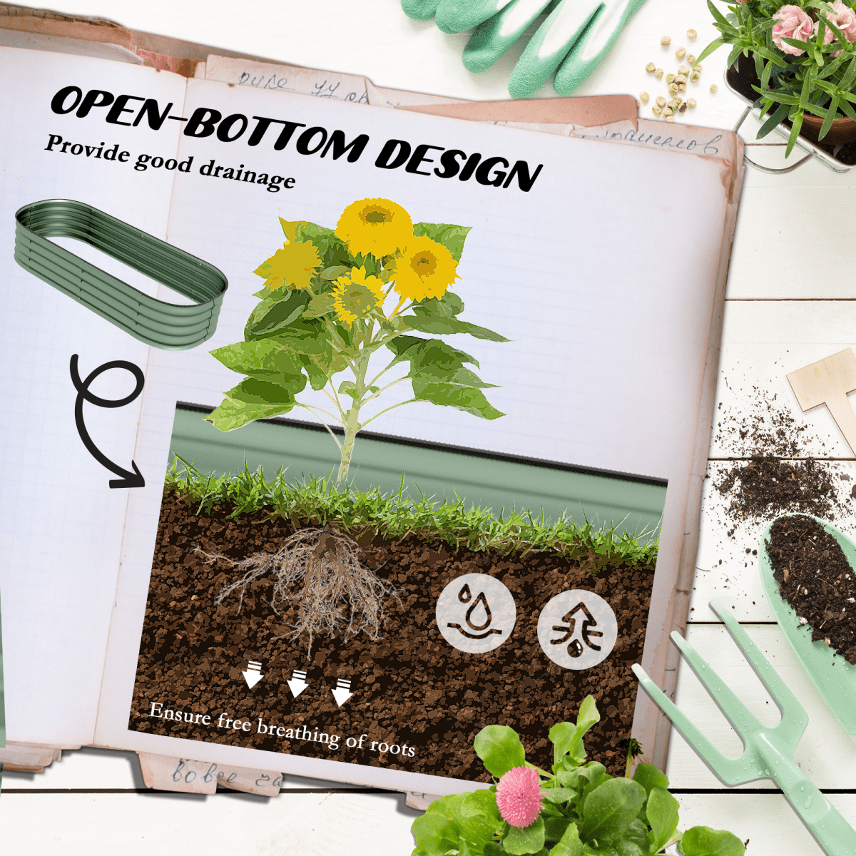 Outsunny Galvanised Raised Garden Bed Planter Box with Safety Edging, Green - plants - express.com