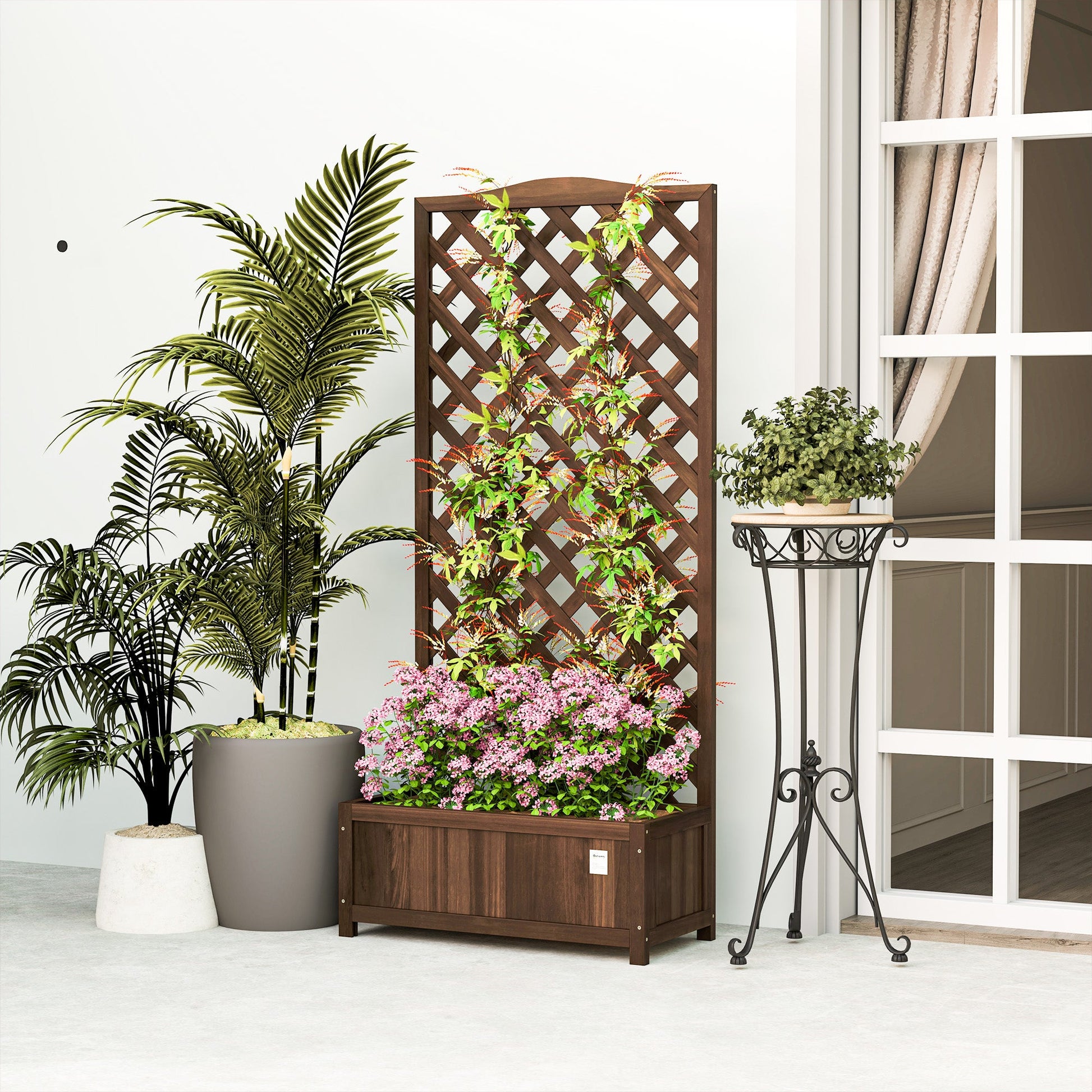 Outsunny Garden Wooden Planter Box with Trellis Flower Raised Bed Dark Brown - plants - express.com