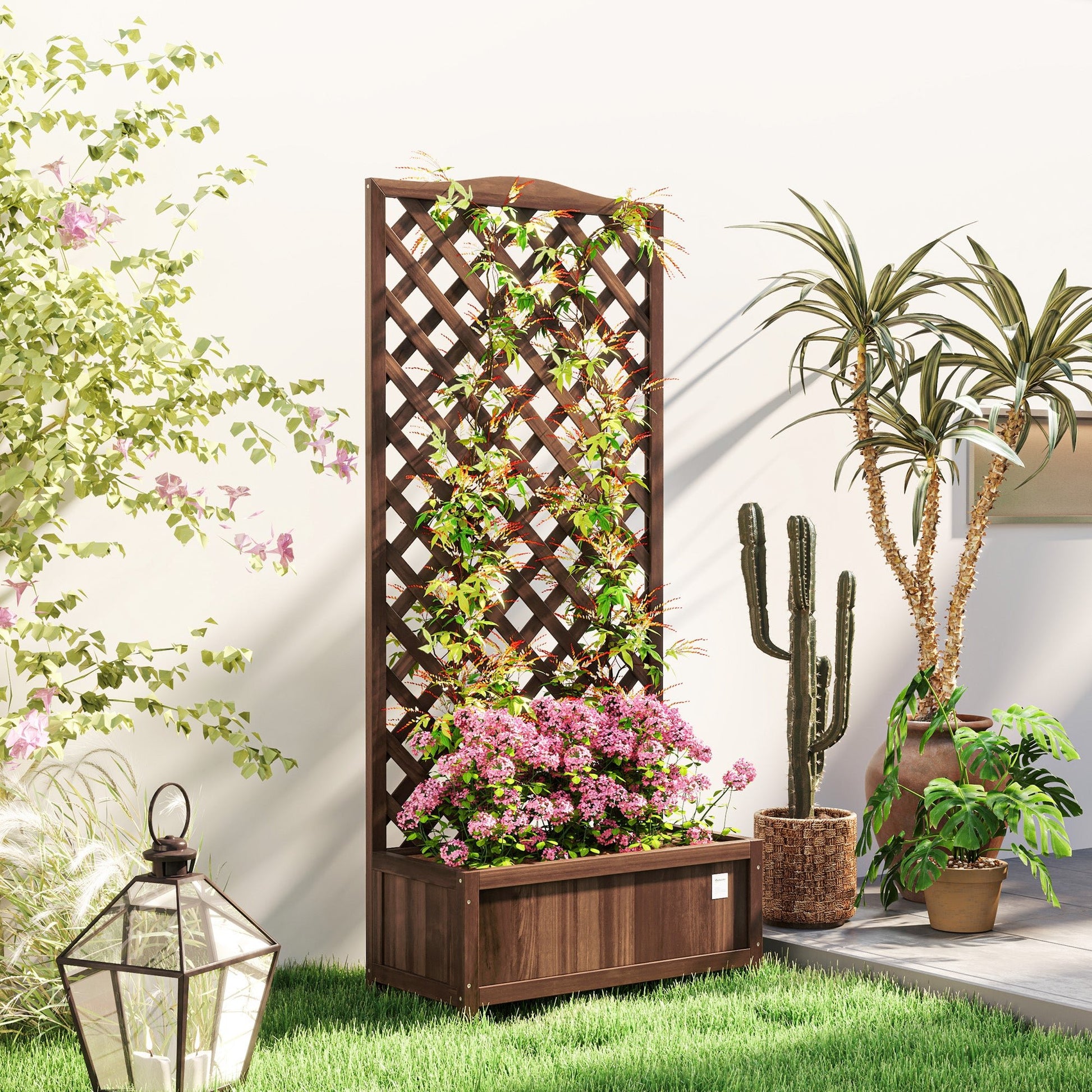 Outsunny Garden Wooden Planter Box with Trellis Flower Raised Bed Dark Brown - plants - express.com