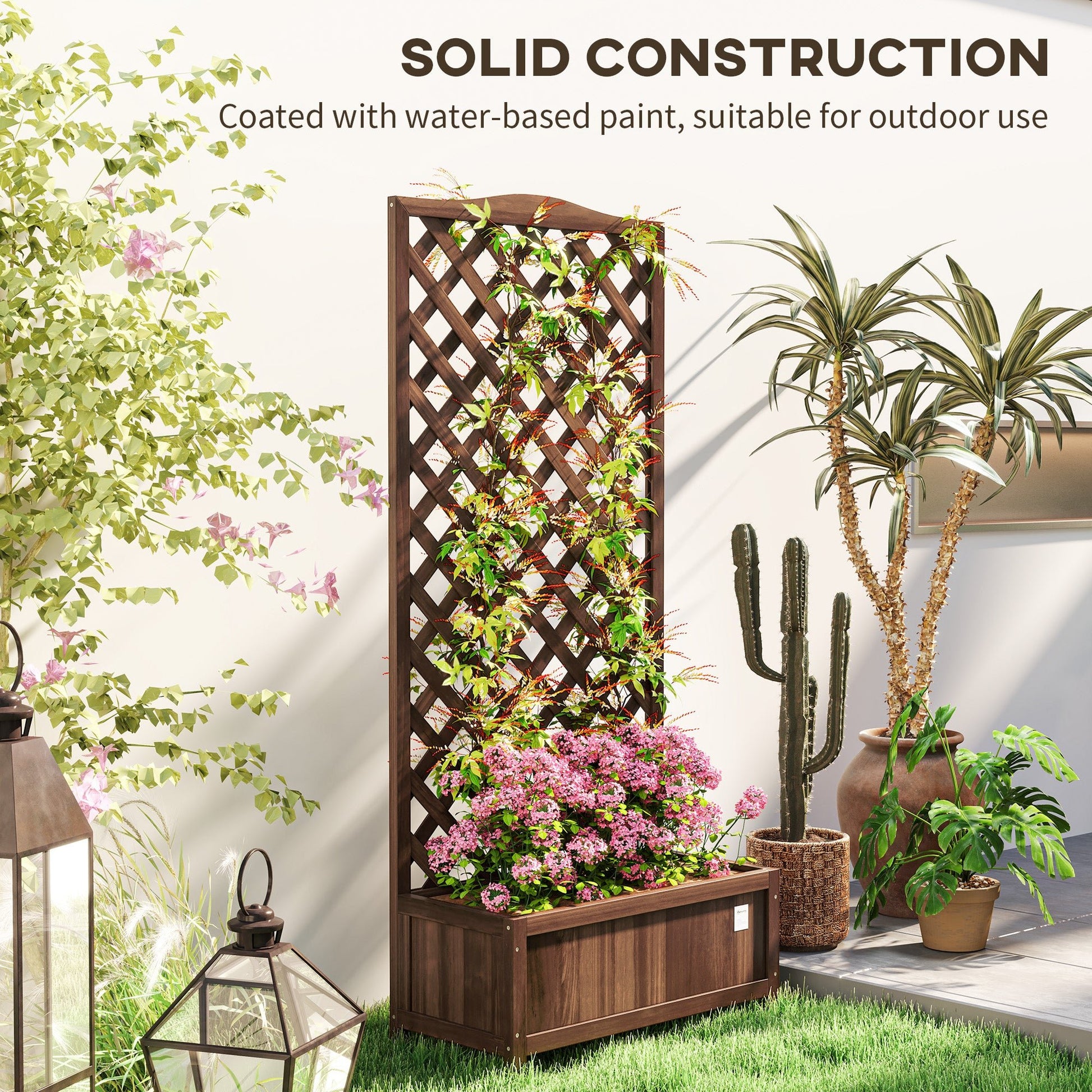 Outsunny Garden Wooden Planter Box with Trellis Flower Raised Bed Dark Brown - plants - express.com
