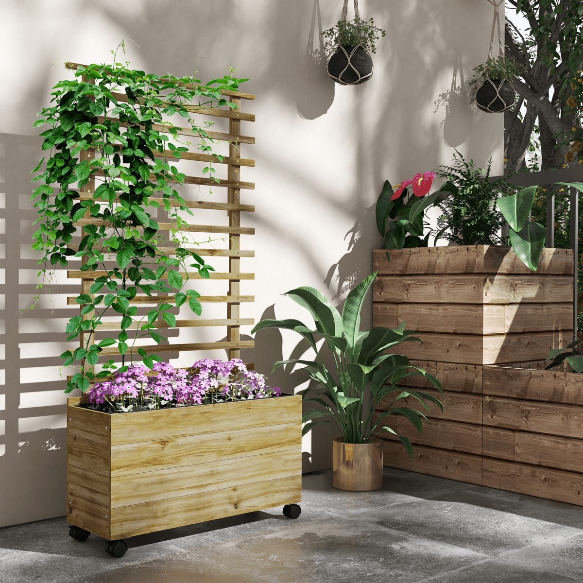 Outsunny Garden Wooden Trellis Planter Box Raised Bed w/ 4 Wheels, Natural - plants - express.com