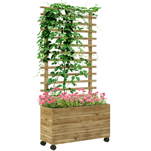 Outsunny Garden Wooden Trellis Planter Box Raised Bed w/ 4 Wheels, Natural - plants - express.com