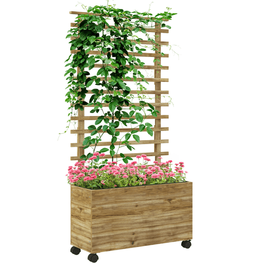 Outsunny Garden Wooden Trellis Planter Box Raised Bed w/ 4 Wheels, Natural - plants - express.com