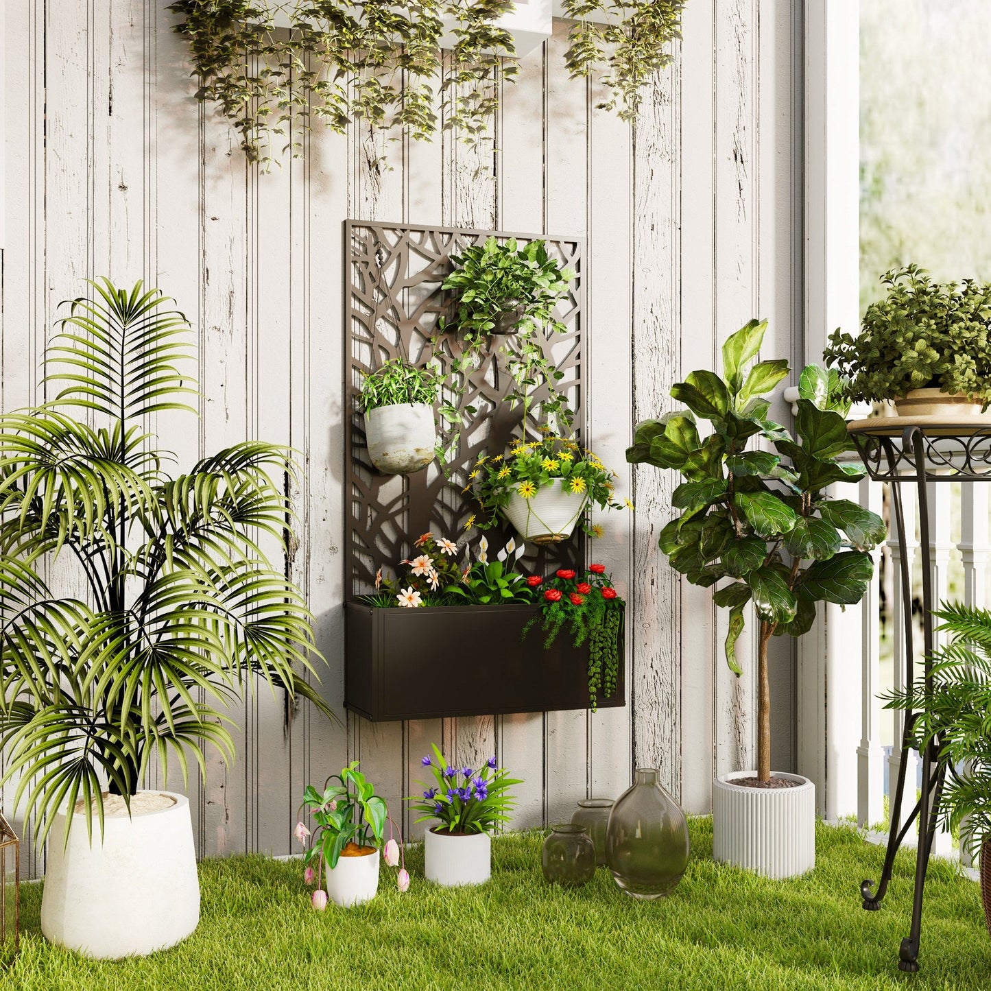 Outsunny Metal Raised Garden Bed with Trellis, Outdoor Elevated Planter Box - plants - express.com