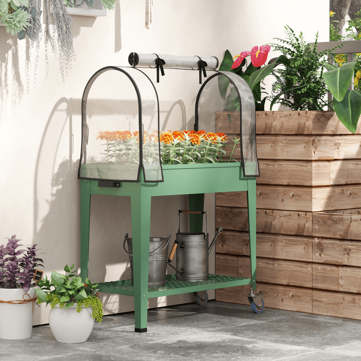 Outsunny Mobile Raised Garden Bed with Greenhouse Cover & Wheels - Green - plants - express.com