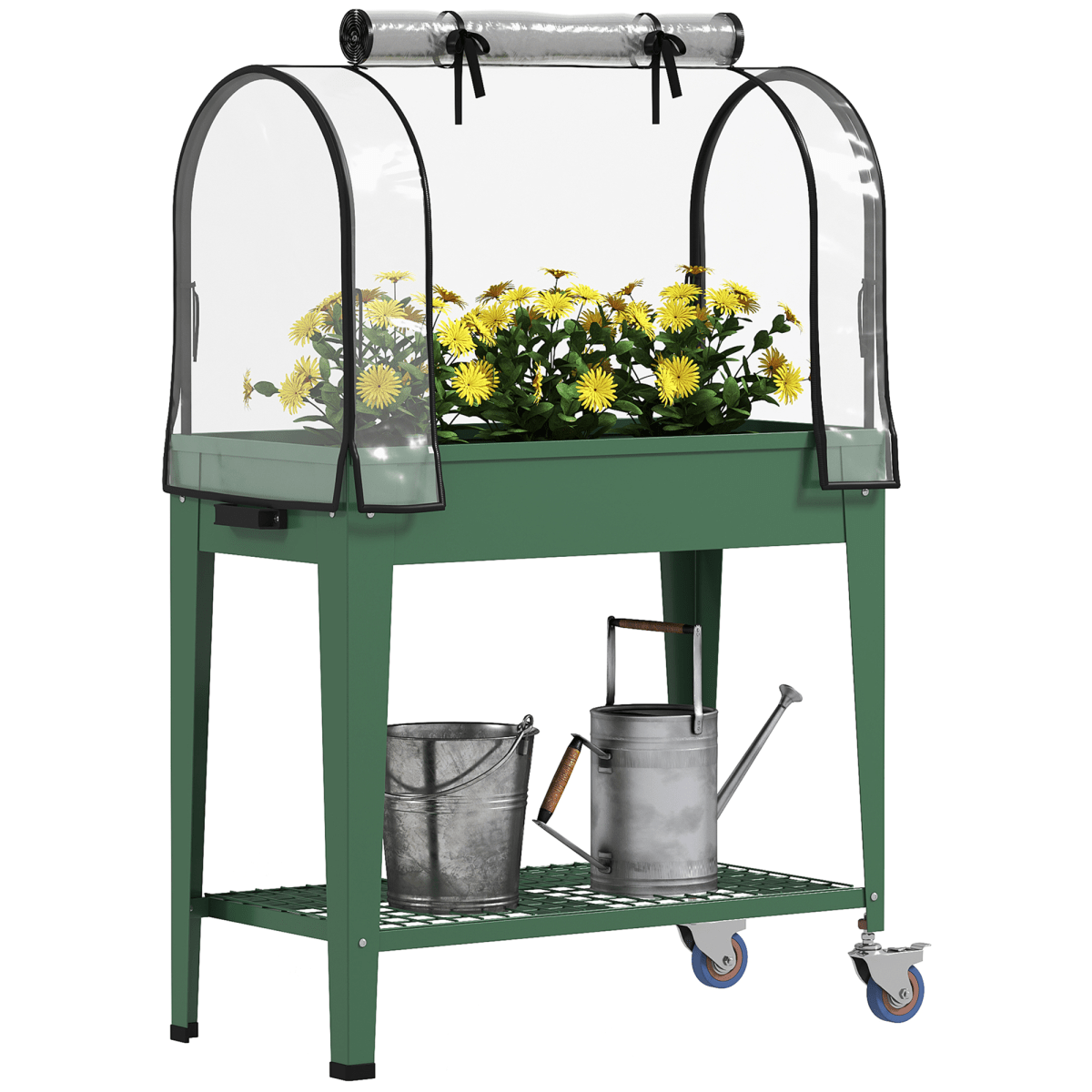Outsunny Mobile Raised Garden Bed with Greenhouse Cover & Wheels - Green - plants - express.com