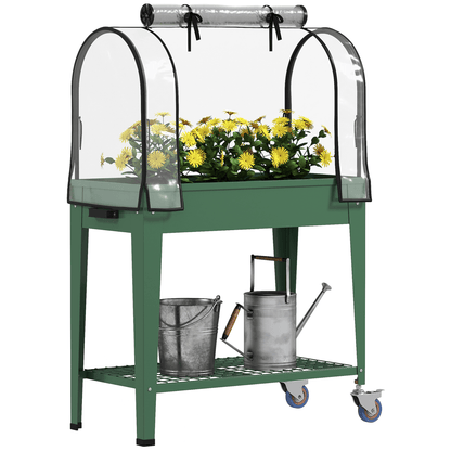 Outsunny Mobile Raised Garden Bed with Greenhouse Cover & Wheels - Green - plants - express.com
