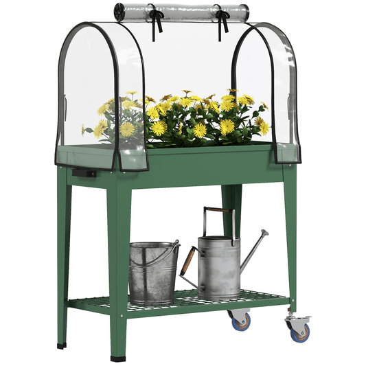 Outsunny Mobile Raised Garden Bed with Greenhouse Cover & Wheels - Green - plants - express.com