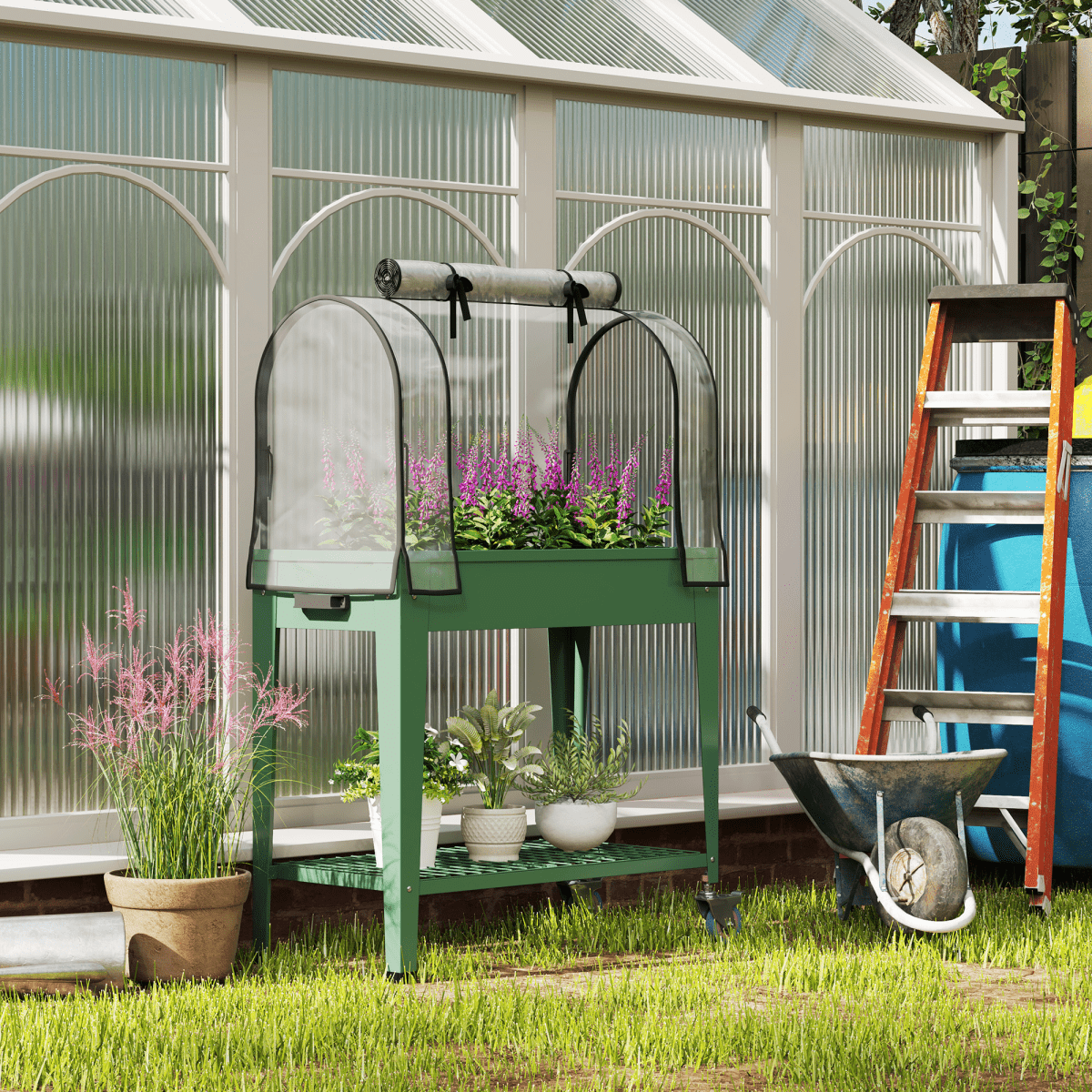 Outsunny Mobile Raised Garden Bed with Greenhouse Cover & Wheels - Green - plants - express.com