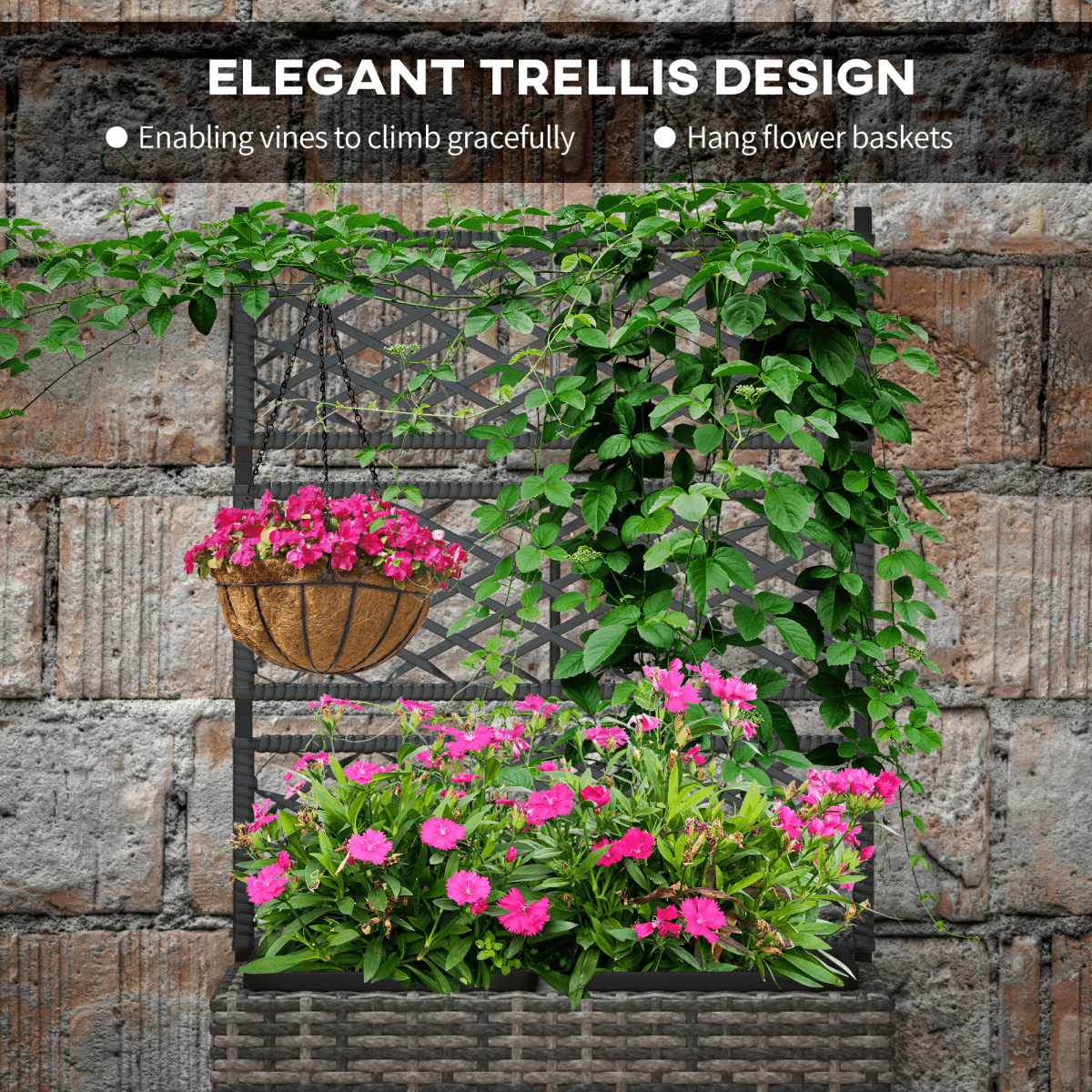 Outsunny PE Rattan Planter Box with Trellis Raised Bed 57x30x107cm - plants - express.com