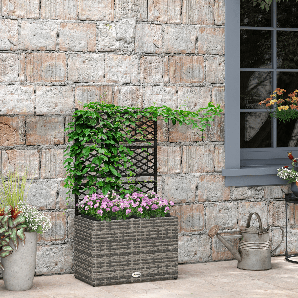 Outsunny PE Rattan Planter Box with Trellis Raised Bed 57x30x107cm - plants - express.com