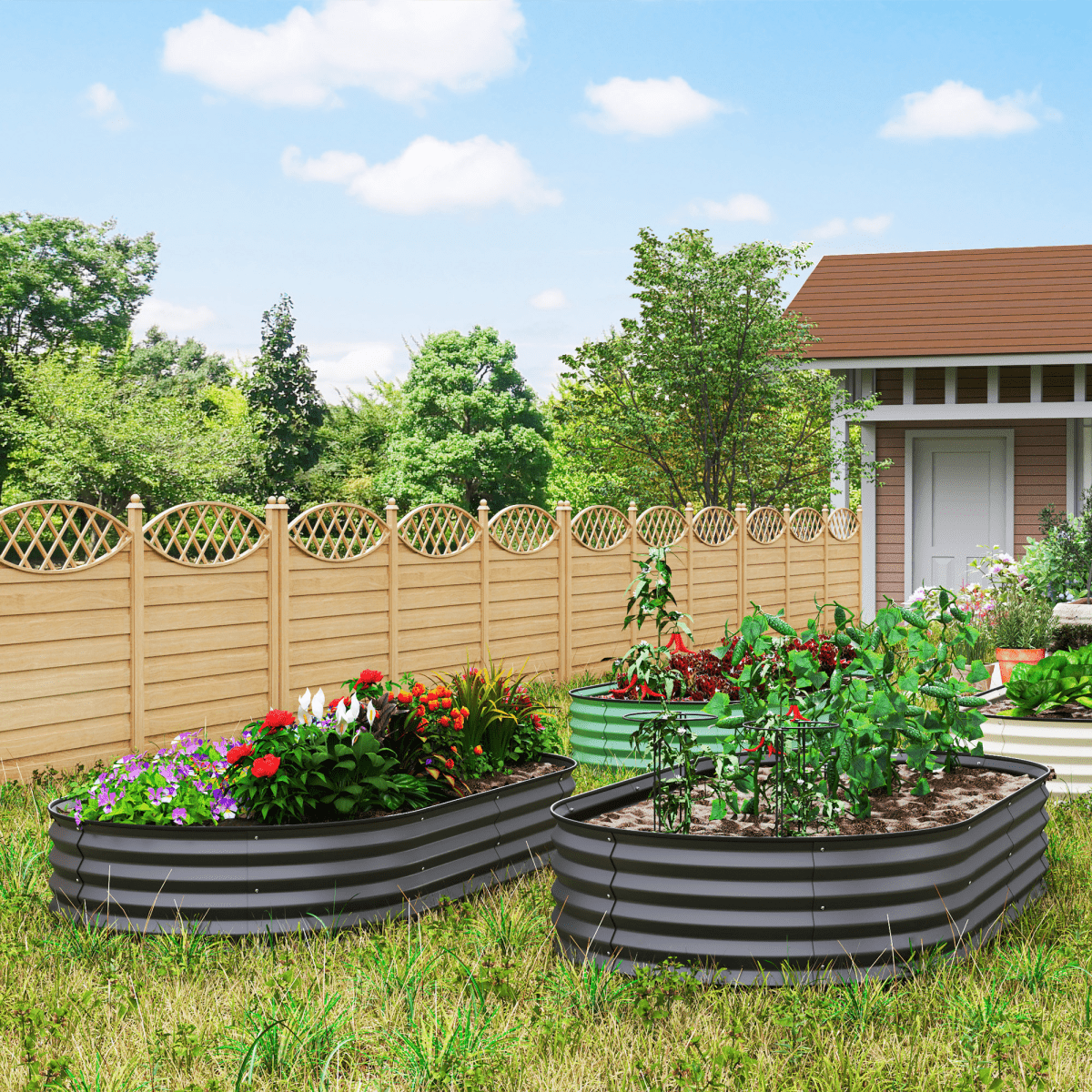 Outsunny Set of 2 Raised Beds for Garden with Metal Plant Stakes, Dark Grey - plants - express.com