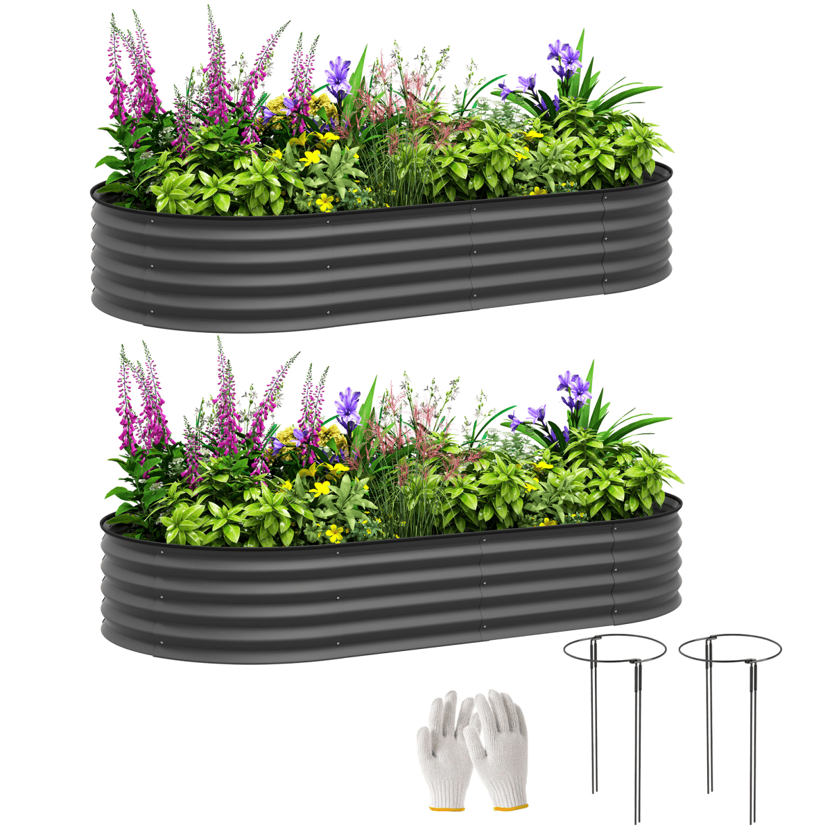 Outsunny Set of 2 Raised Beds for Garden with Metal Plant Stakes, Dark Grey - plants - express.com