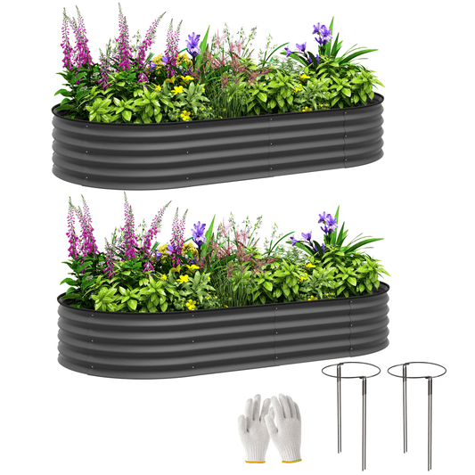 Outsunny Set of 2 Raised Beds for Garden with Metal Plant Stakes, Dark Grey - plants - express.com