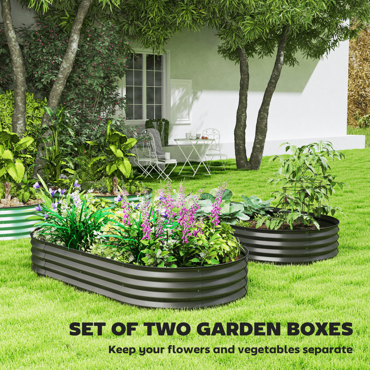 Outsunny Set of 2 Raised Beds for Garden with Metal Plant Stakes, Dark Grey - plants - express.com