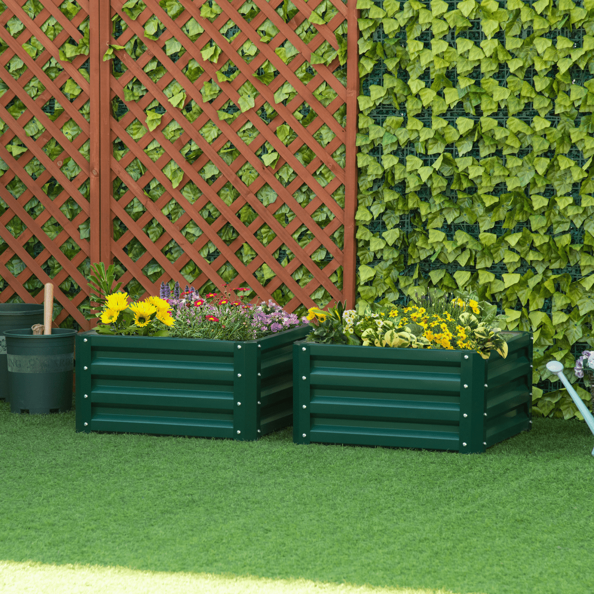 Outsunny Set of 2 Raised Garden Bed Galvanised Planter Box Easy Setup Green - plants - express.com