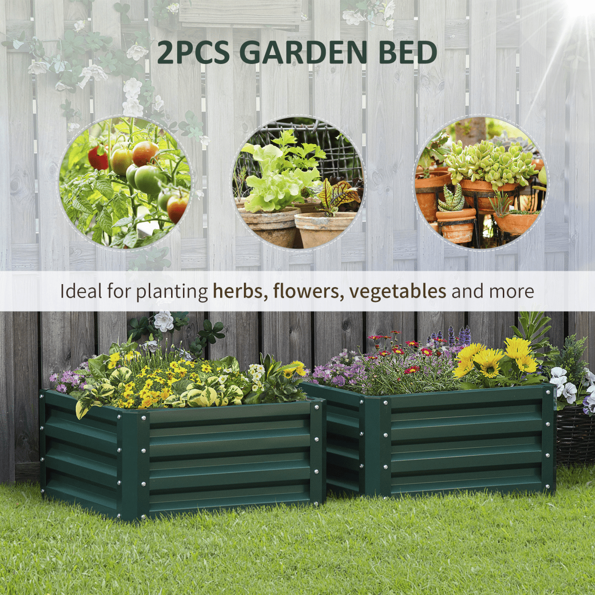 Outsunny Set of 2 Raised Garden Bed Galvanised Planter Box Easy Setup Green - plants - express.com