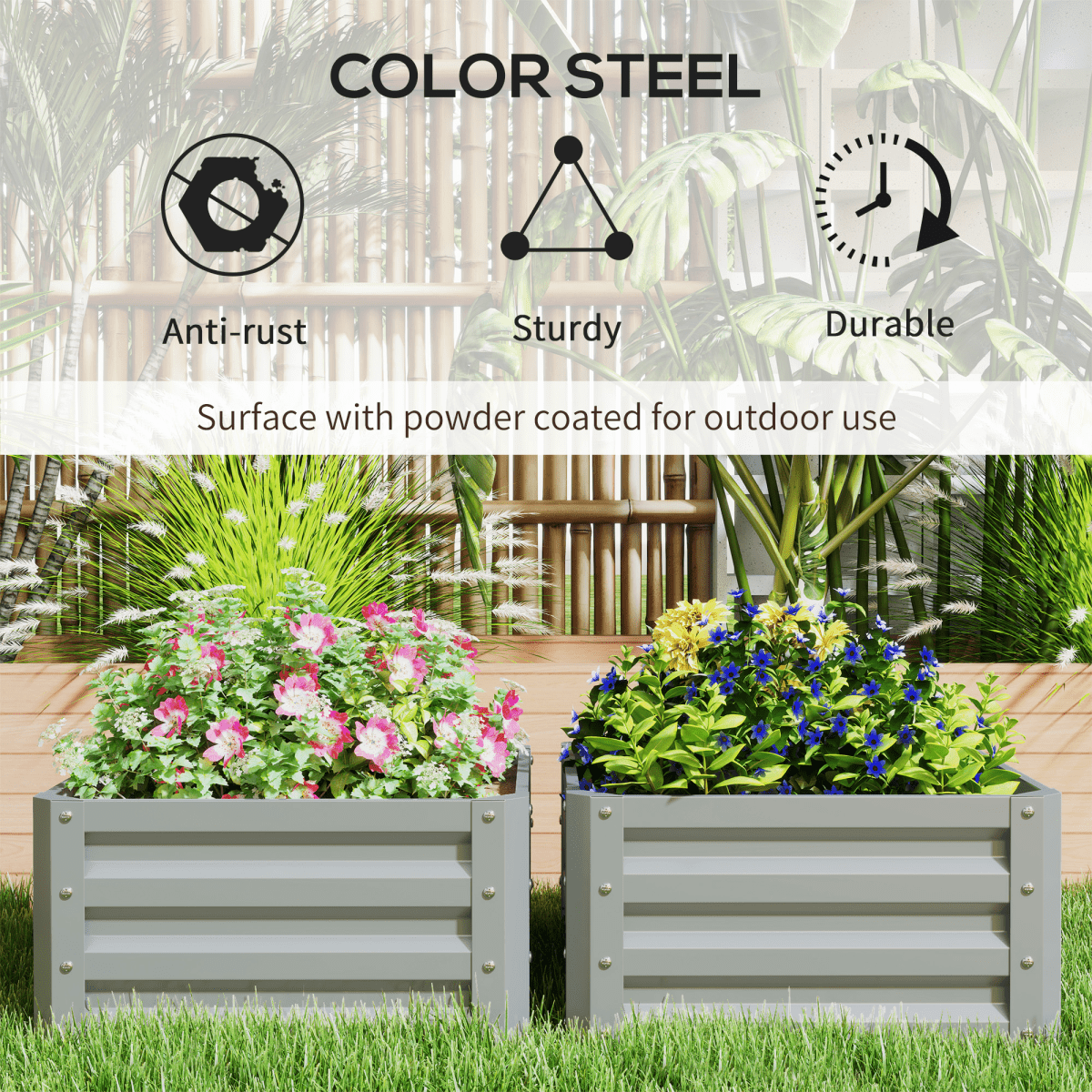 Outsunny Set of 2 Raised Garden Bed Galvanised Planter Box, Light Grey - plants - express.com