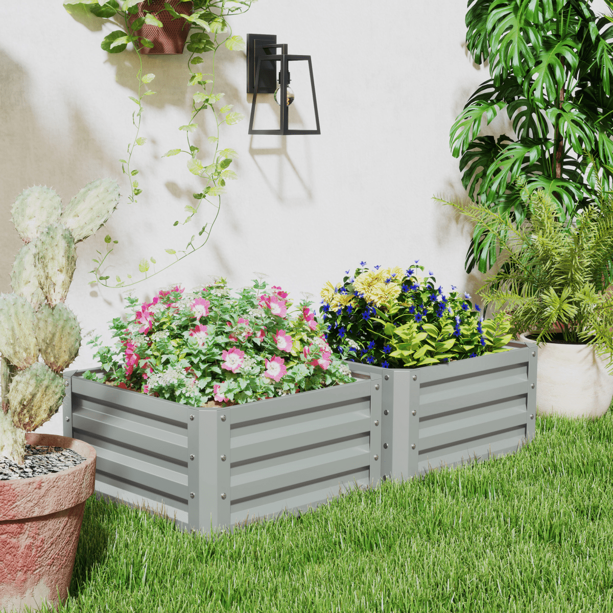 Outsunny Set of 2 Raised Garden Bed Galvanised Planter Box, Light Grey - plants - express.com