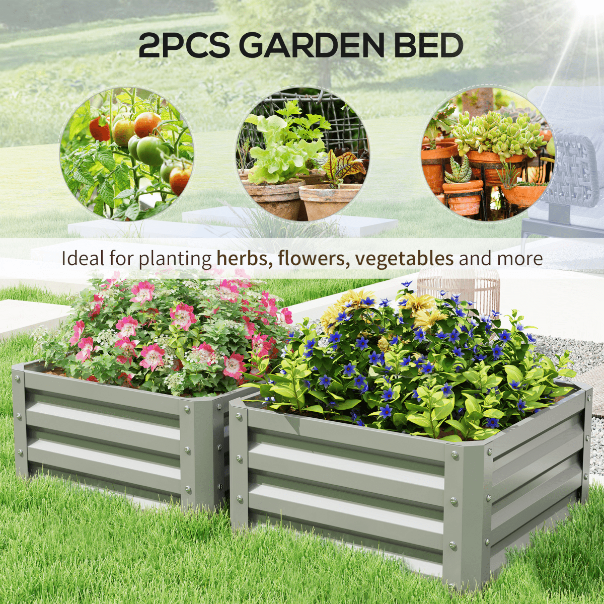 Outsunny Set of 2 Raised Garden Bed Galvanised Planter Box, Light Grey - plants - express.com