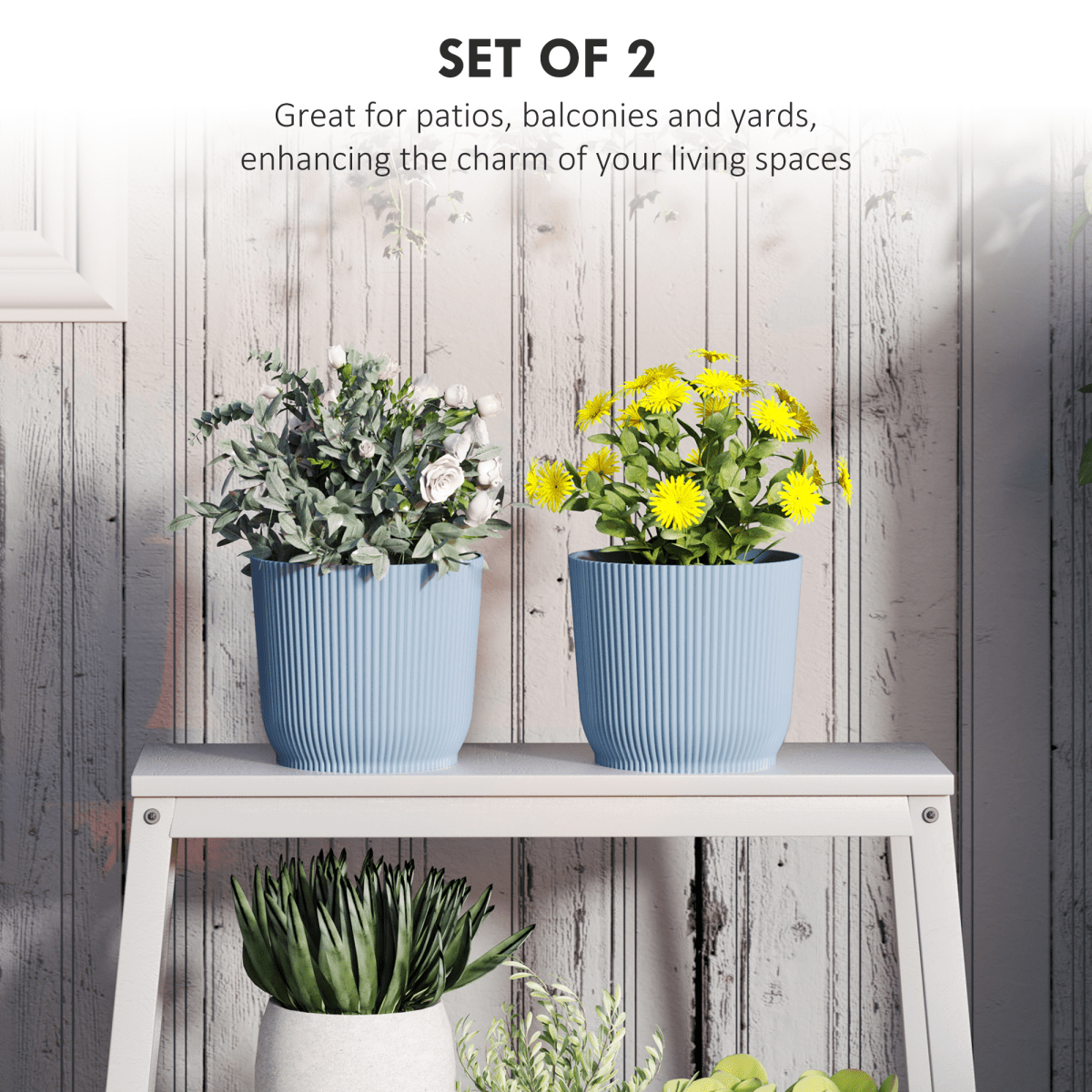 Outsunny Set of 2 Round Plant Pots Outdoor 22cm for Garden Decoration, Blue - plants - express.com