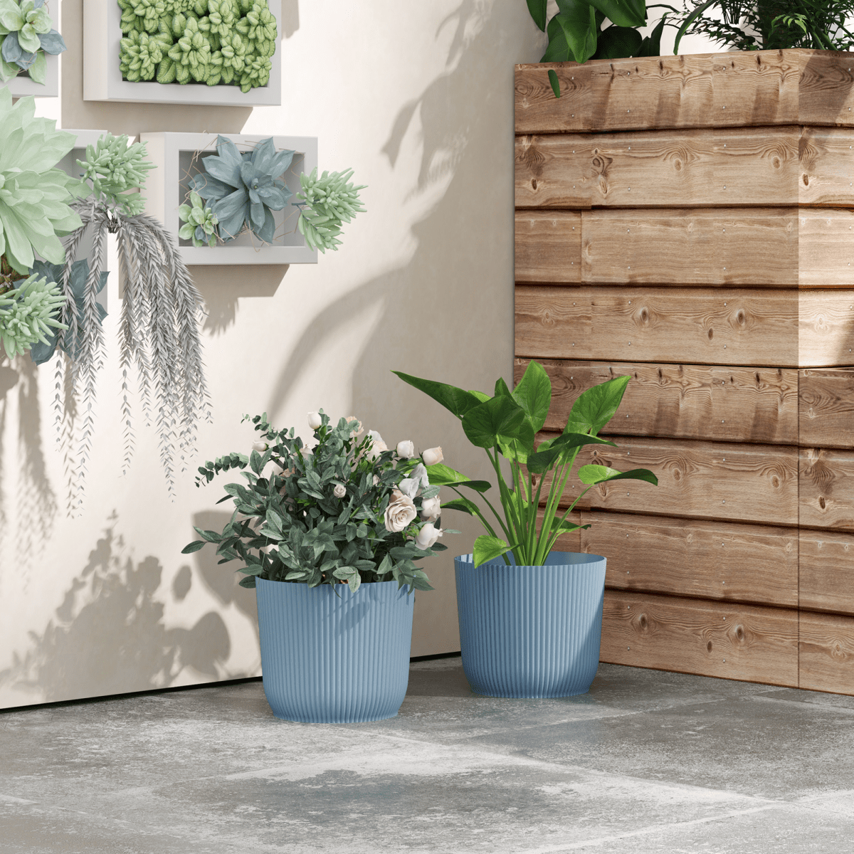 Outsunny Set of 2 Round Plant Pots Outdoor 22cm for Garden Decoration, Blue - plants - express.com