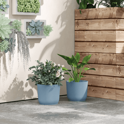 Outsunny Set of 2 Round Plant Pots Outdoor 22cm for Garden Decoration, Blue - plants - express.com