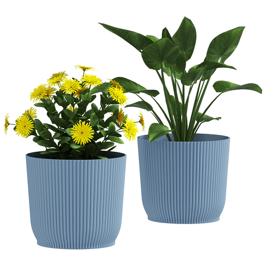 Outsunny Set of 2 Round Plant Pots Outdoor 22cm for Garden Decoration, Blue - plants - express.com