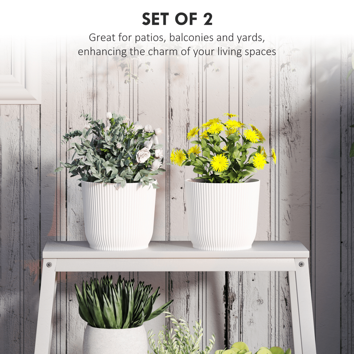 Outsunny Set of 2 Round Plant Pots Outdoor 22cm for Garden, White - plants - express.com
