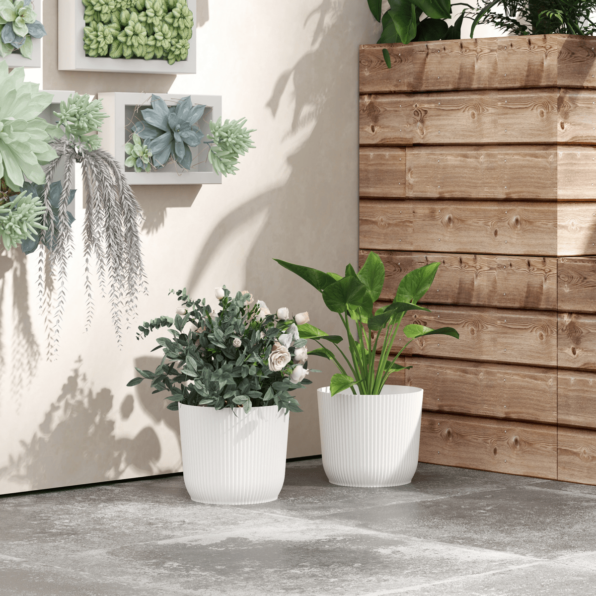 Outsunny Set of 2 Round Plant Pots Outdoor 22cm for Garden, White - plants - express.com