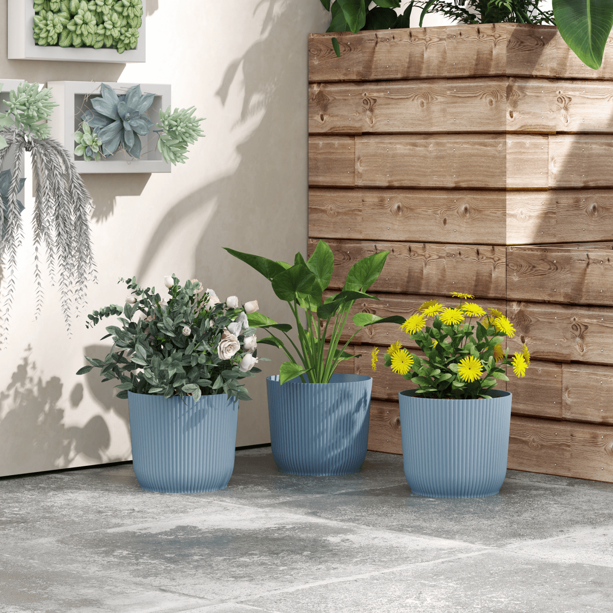 Outsunny Set of 3 Round Plant Pots Outdoor 22cm for Garden Decoration, Blue - plants - express.com