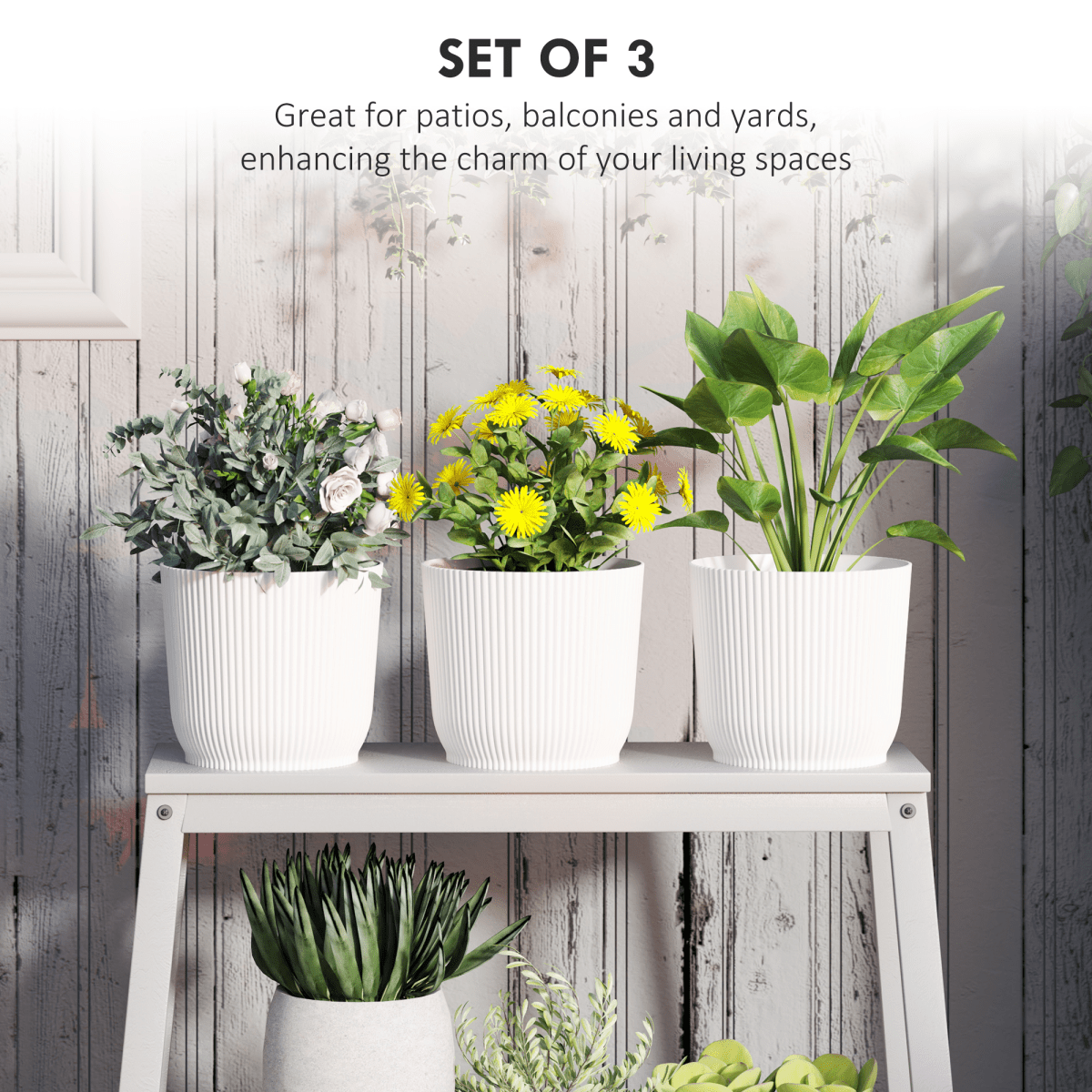 Outsunny Set of 3 Round Plant Pots Outdoor 22cm for Garden, White - plants - express.com