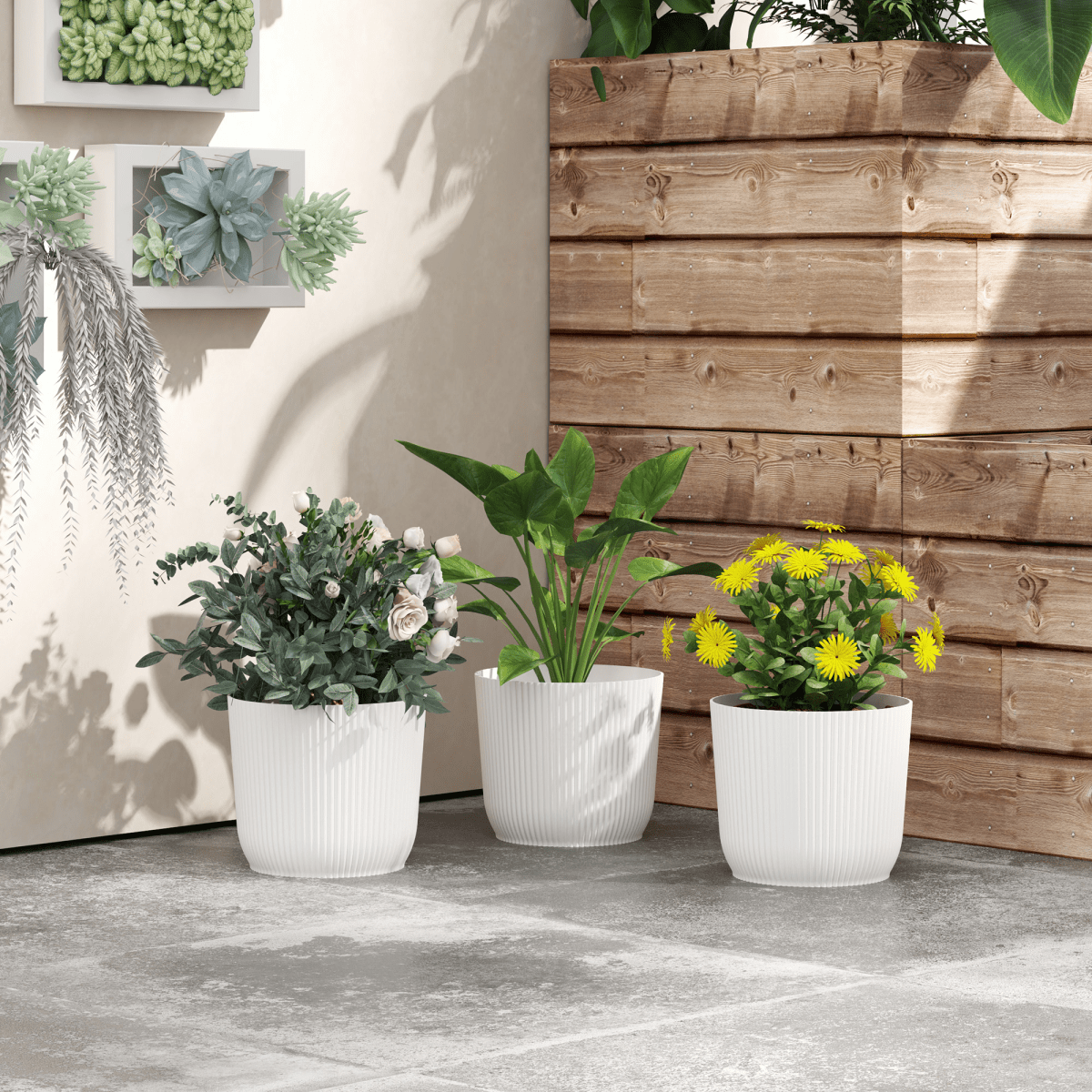 Outsunny Set of 3 Round Plant Pots Outdoor 22cm for Garden, White - plants - express.com