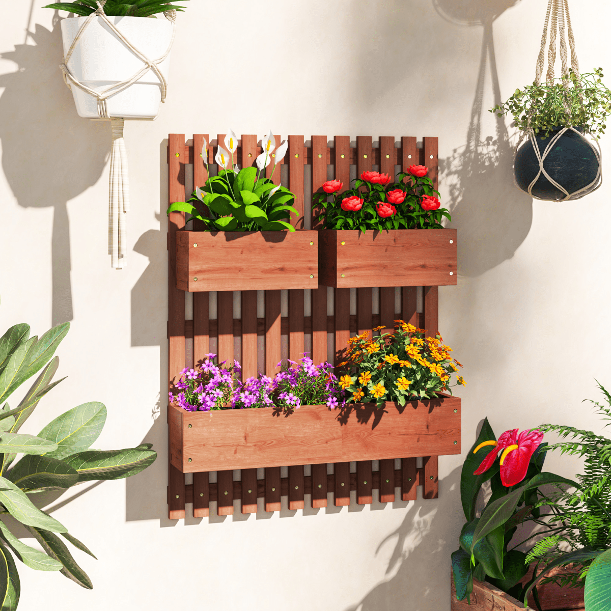 Outsunny Wall - Mounted Wooden Garden Planters with Trellis Raised Bed - plants - express.com