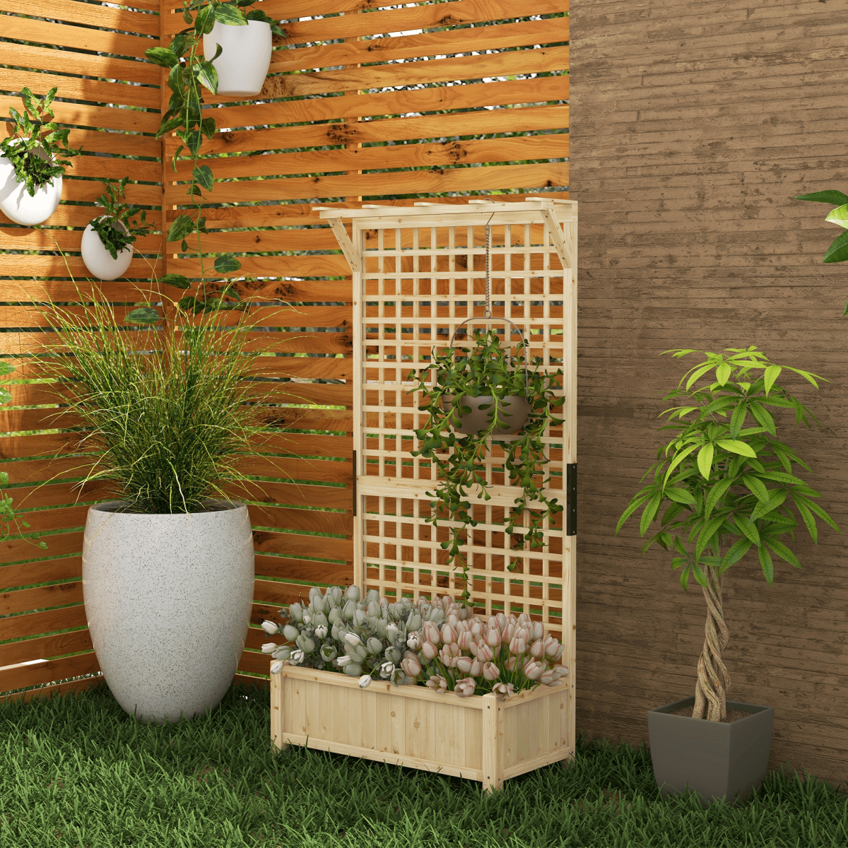 Outsunny Wooden Planter Box with Trellis - Perfect for Climbing Vines! - plants - express.com
