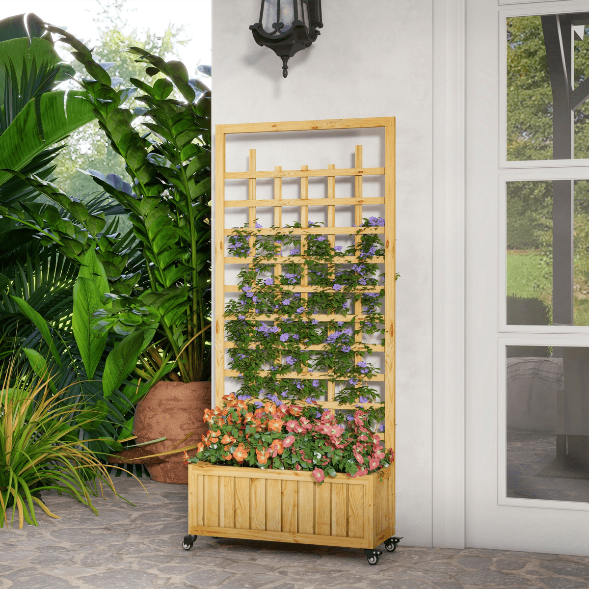 Outsunny Wooden Trellis Planter, Raised Garden Bed with Wheels and Bed Liner - plants - express.com
