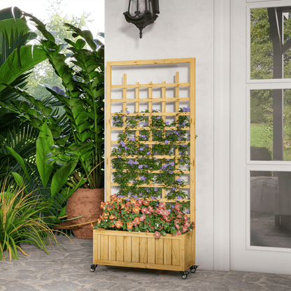 Outsunny Wooden Trellis Planter, Raised Garden Bed with Wheels and Bed Liner - plants - express.com