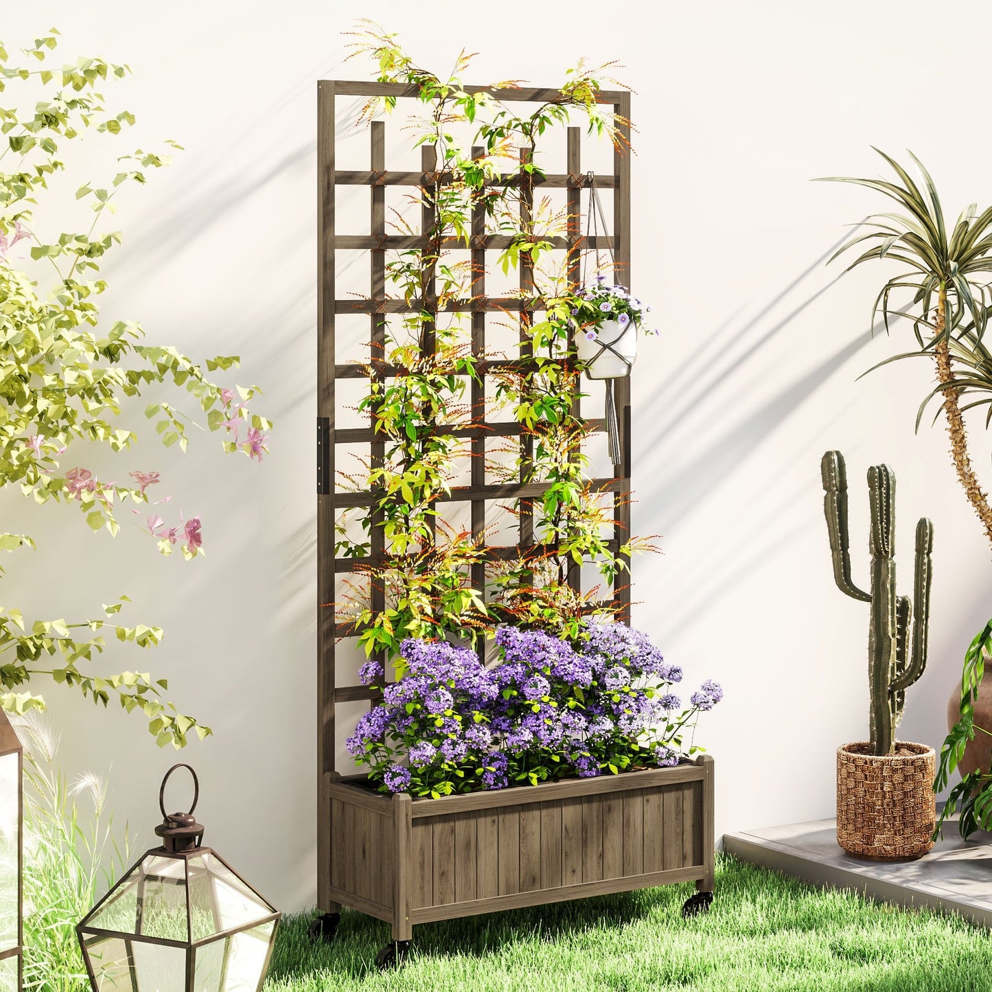 Outsunny Wooden Trellis Planter, Raised Garden Bed with Wheels and Bed Liner - plants - express.com