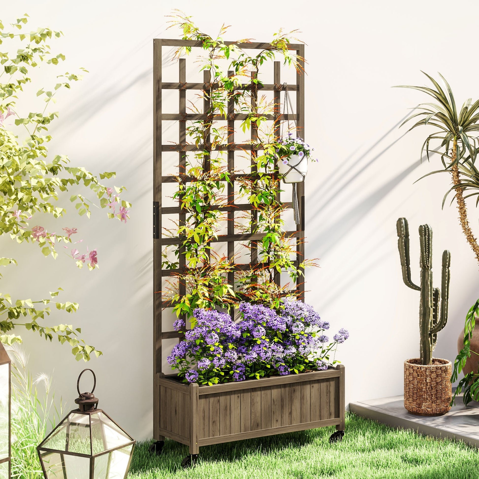 Outsunny Wooden Trellis Planter, Raised Garden Bed with Wheels and Bed Liner - plants - express.com