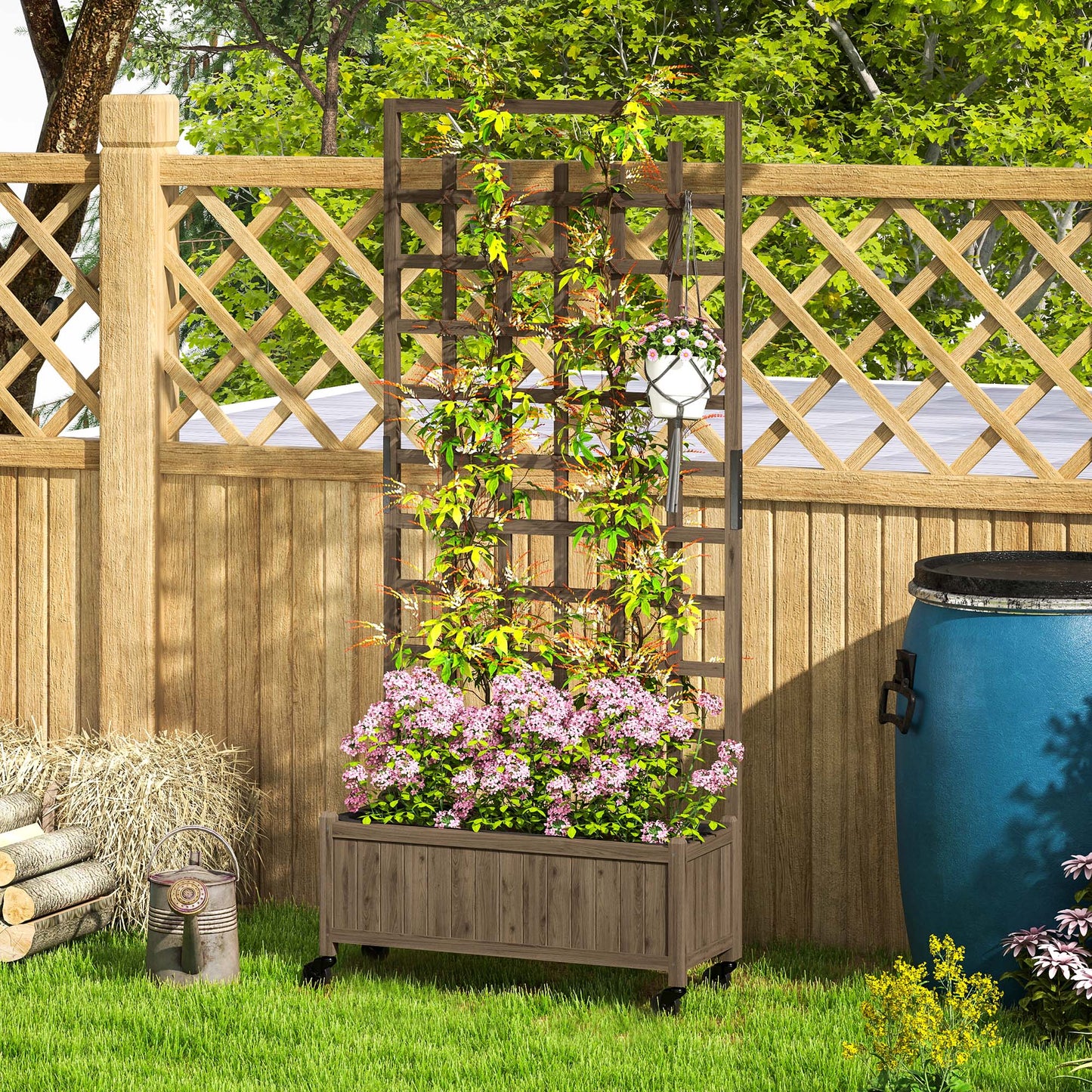 Outsunny Wooden Trellis Planter, Raised Garden Bed with Wheels and Bed Liner - plants - express.com