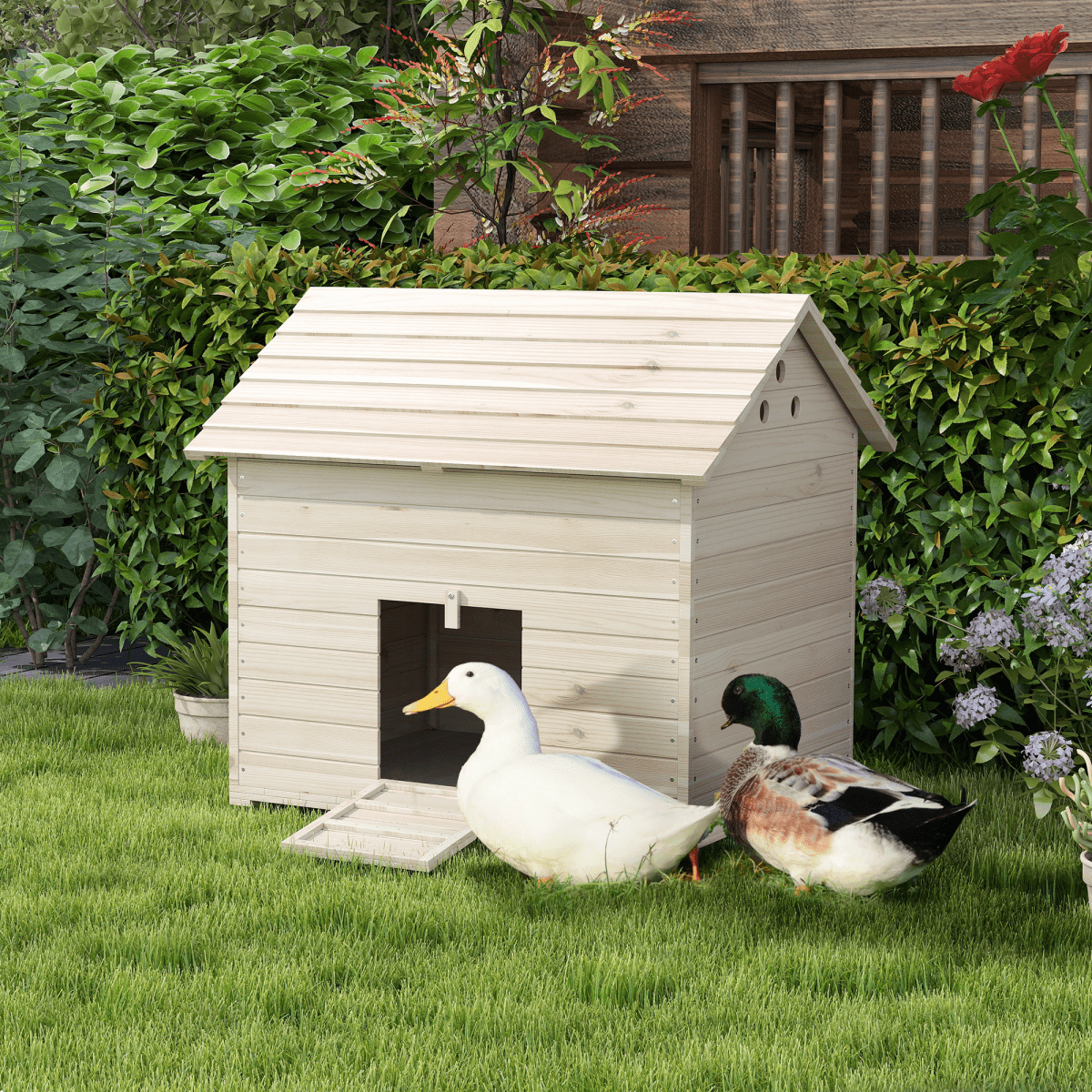 PawHut Wooden Duck House w/ Openable Roof, Raised Base, Air Holes - Natural - plants - express.com
