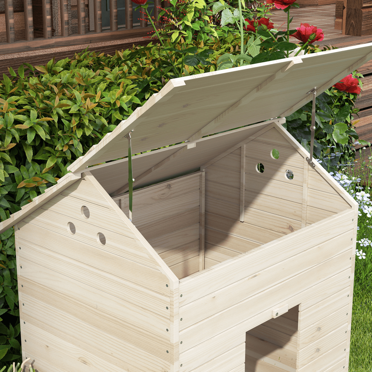 PawHut Wooden Duck House w/ Openable Roof, Raised Base, Air Holes - Natural - plants - express.com