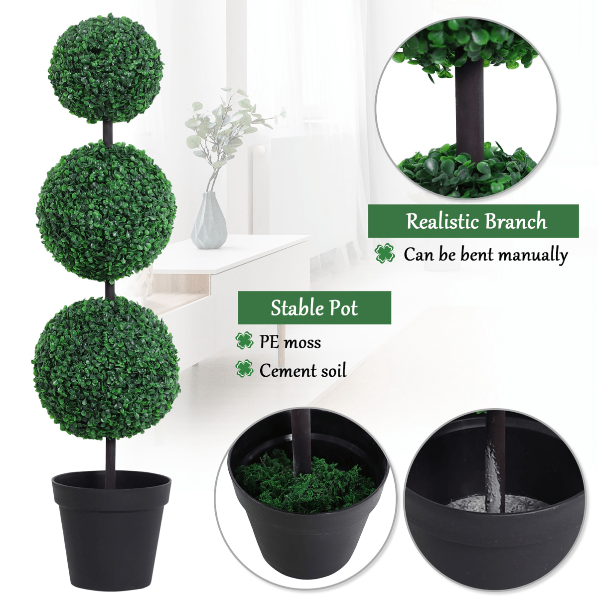 PE Set of 2 Artificial Boxwood Three Balls Topiary Plant Tree's Green - plants - express.com