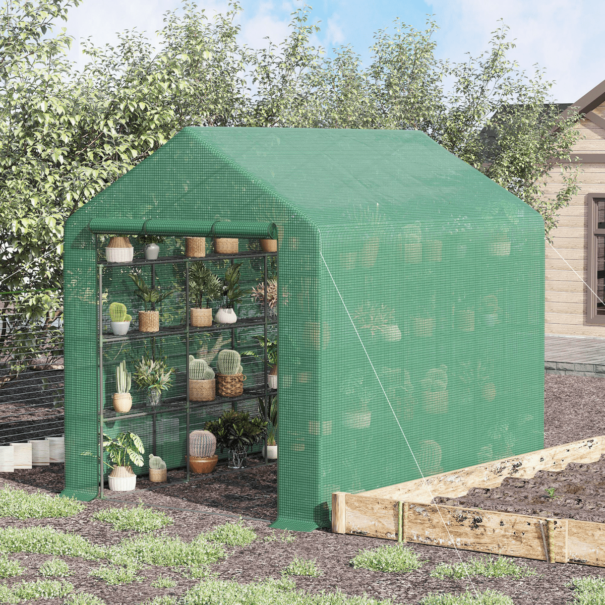 Poly Tunnel Steeple Walk in Greenhouse Removable Cover Shelves 244x180x210cm - plants - express.com