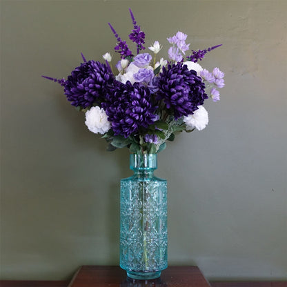 Radiant 80cm Purple Chrysanthemum & Carnation Bouquet in Turquoise Glass Vase - plants - express.com