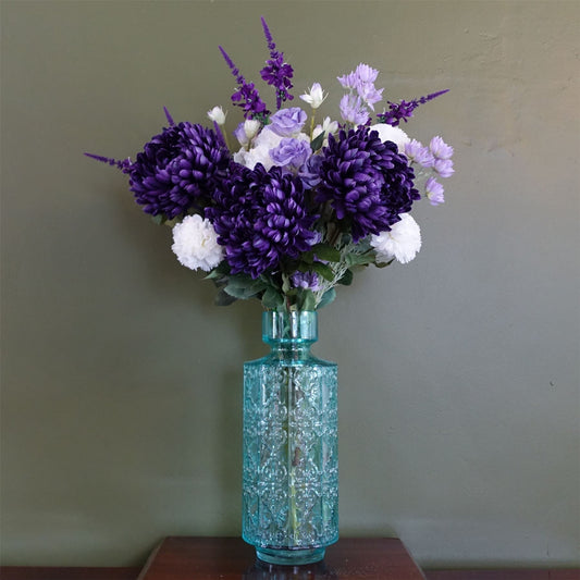 Radiant 80cm Purple Chrysanthemum & Carnation Bouquet in Turquoise Glass Vase - plants - express.com