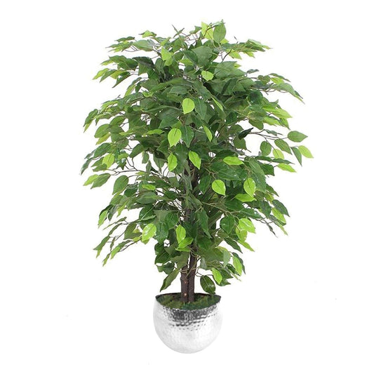 Realistic 90cm Artificial Ficus Tree in Stylish Silver Metal Planter - plants - express.com