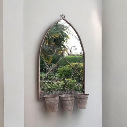 Rustic 73CM Wall Mirror with Triple Planter Holders - Antique Metal Elegance - plants - express.com