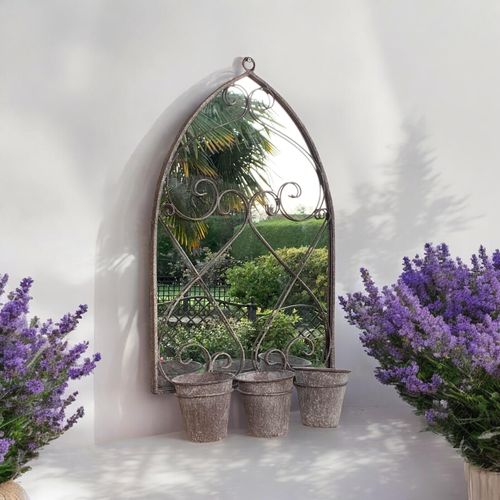 Rustic 73CM Wall Mirror with Triple Planter Holders - Antique Metal Elegance - plants - express.com