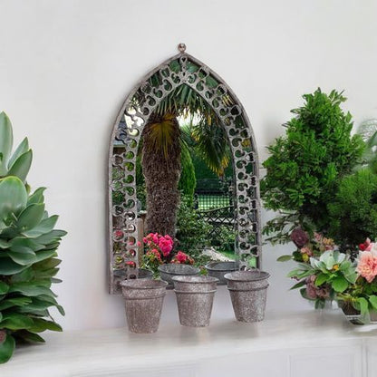Rustic 78CM Wall Mirror with Triple Planter Holders - Antique Metal Elegance - plants - express.com